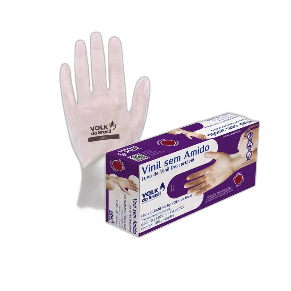 Luva Volk Vinil sem Amido Extra Pequeno com 100 unidades, transparente, embalagem roxa e branca